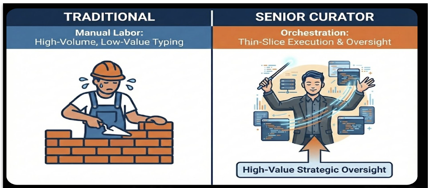 Traditional vs. Senior Curator: Traditional development shows manual, high-volume typing labor. The Senior Curator shows orchestration — thin-slice execution with high-value strategic oversight