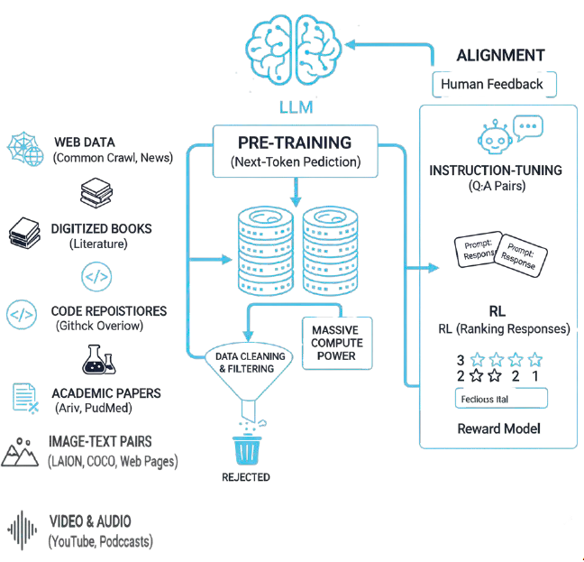 LLM training pipeline showing pre-training, instruction tuning, and RLHF alignment