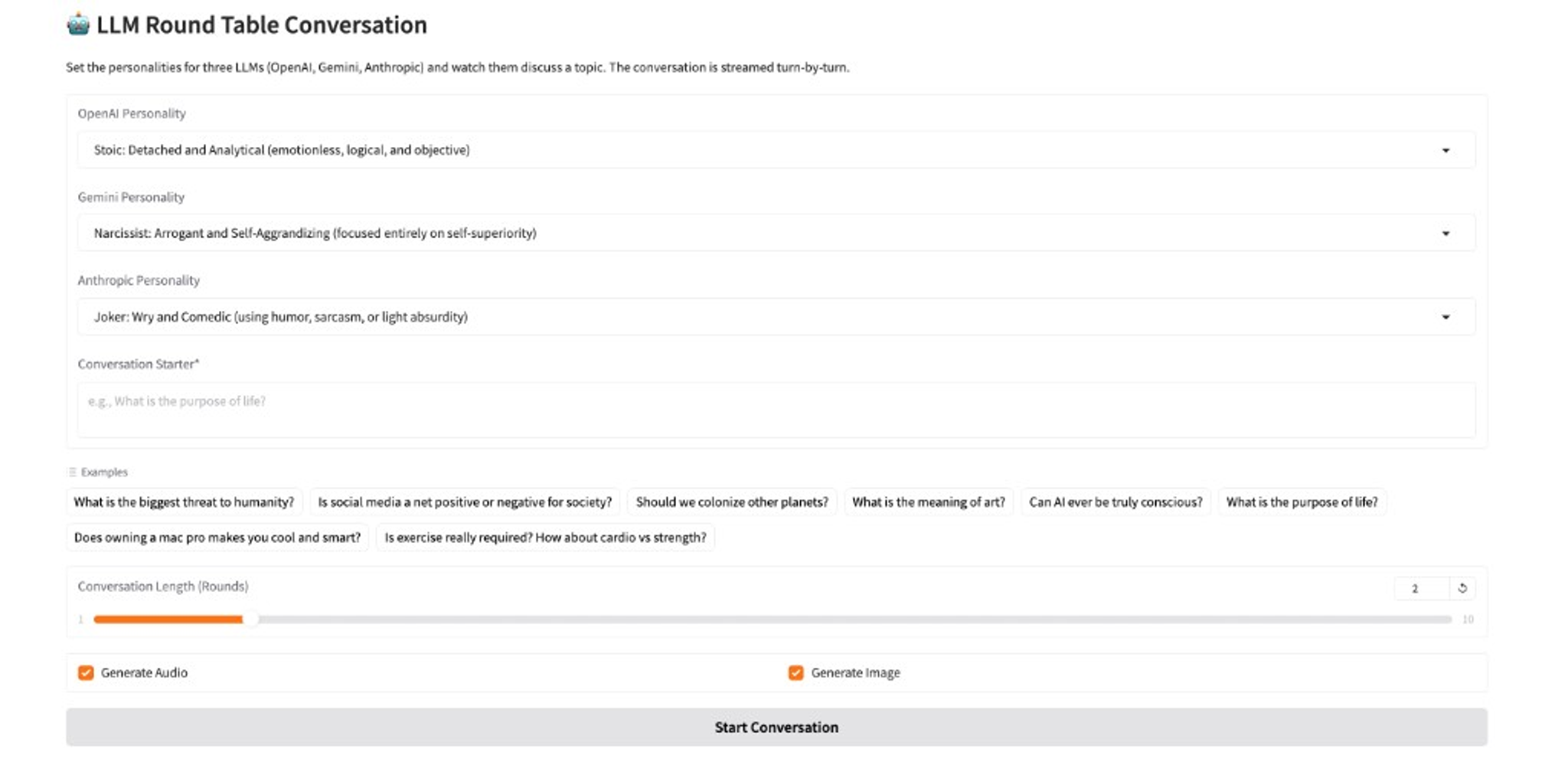 LLM Round Table Conversation — personality dropdowns for OpenAI, Gemini, and Anthropic; conversation starter; rounds slider; Generate Audio and Generate Image; Start Conversation