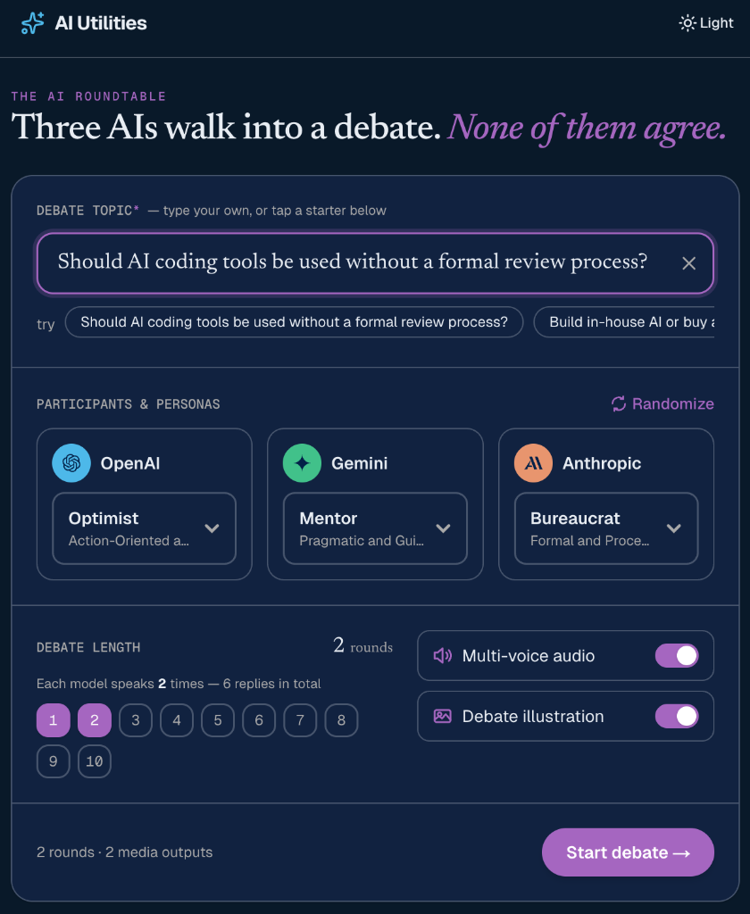 AI Roundtable: personality dropdowns for OpenAI, Gemini, and Anthropic; conversation starter; rounds slider; Generate Audio and Generate Image; Start Conversation