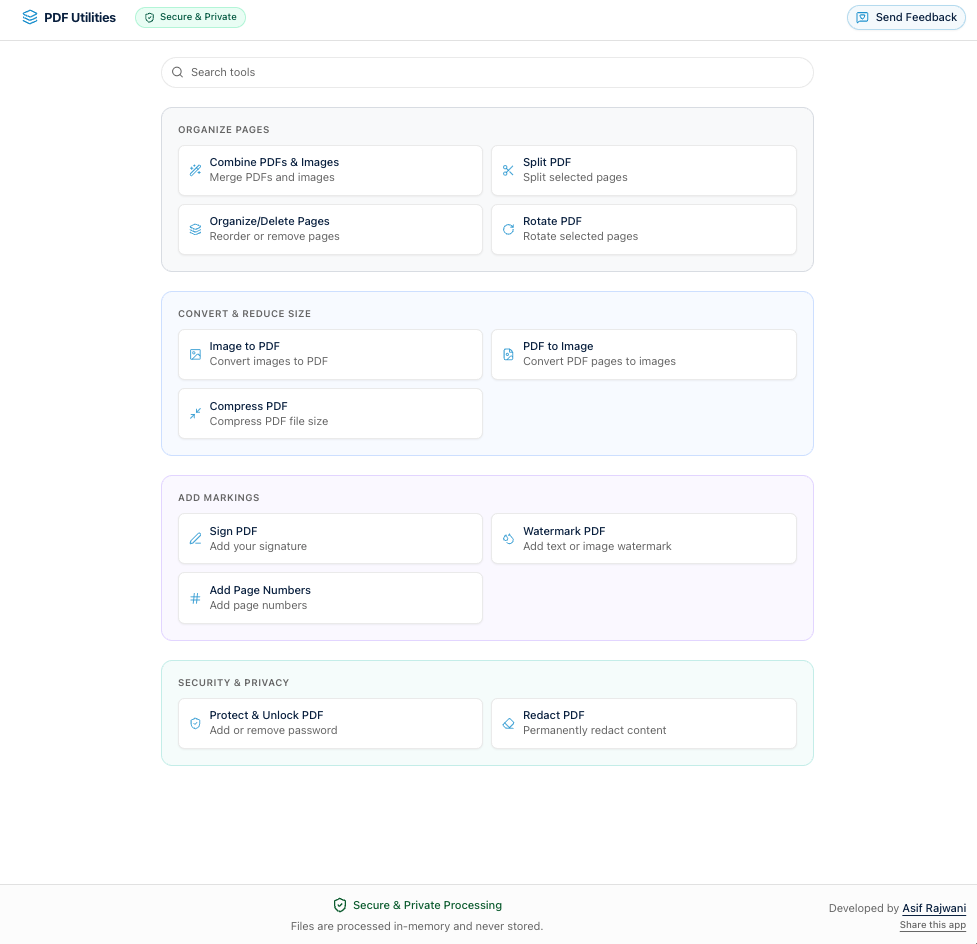 PDF Utilities dashboard showing tool categories — Organize Pages, Convert and Reduce Size, Add Markings, and Security and Privacy